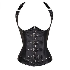 Black Women's Punk Style Spiral Steel Boned Waist Trainer Cincher Shaper Faux Leather Corset Underbust For Party Costumes 8252614