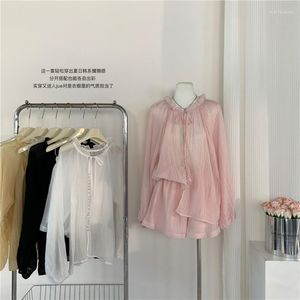 女性用トラックスーツ韓国ファッション甘いソリッドカラーショーツスーツ2023秋とシャツのトップ2ピースの長袖セット