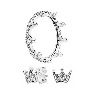 Cute Crown Stud Earrings and Ring Set for Pandora 925 Sterling Silver designer Jewelry For Women Sparkling Crystal Diamond Luxury Rings Earring with Original Box