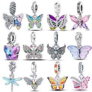 925 Silver Fit Pandora Charm New Butterfly Butterfly Dragonfly Bead Dangle Fashion Sharms مجموعة قلادة DIY Fine Beads Jewelry