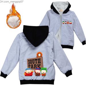 코트 S-South Park 의류 어린이 따뜻한 두꺼운 벨벳 후드 재킷 청소년 소년 의류 여자 의류 어린이 지퍼 재킷 Z230720