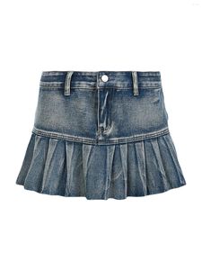 Skirts BEAFNKSG Women S Mini Jean Fashion Low Waist Pleated Denim Short Flared Streetwear (Blue S)