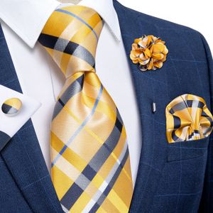 Bow Ties Classic Yellow Striped Plaid Silk For Men Handkerchief Cufflinks Brooch Pin Wedding Accessories Gift Dropship 230718