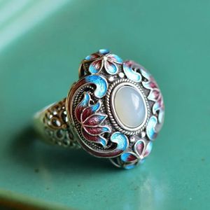 Designer Original Craft Inlaid Emamel Porcelain Lotus Natural Chalcedon Justerbar Ring Ethnic Classic Ladies Jewelry