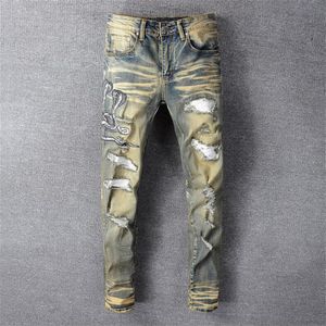 Jeans Masculino Delivery 2021 Snake Bordado Retro Denim Slim Skinny Buracos Couro PU Patchwork Calça Stretch2322