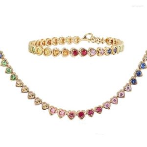 Halsbandörhängen Set 2023 Summer Selling Fashion Women Girl Jewelry Gold Color Rainbow Cz Heart Tennis Chain Armband