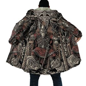 Męskie mieszanki wełny męskie Cloak Raven Viking Tattoo 3D na całym wydrukowanym polarowym płaszczu z kapturem unisex zwykły gruby ciepły powłoka CH79 HKD230718