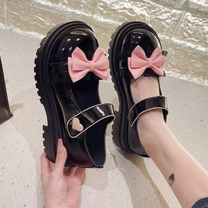 Dress Shoes Rimocy Sweet Lovely Bowtie Lolita Shoes for Women Patent Leather Hook Loop Mary Janes Woman Non-Slip Thick Bottom Party Shoes 230719