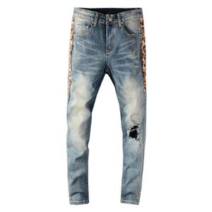 Männer Jeans Männer Streetwear Skinny Side Leopard Print Patchwork Löcher Ripped Slim Stretch Denim Pants279E