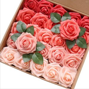 Flores decorativas Mefier Artificial 25 pçs Coral Ombré Cores Espuma Rosas Falsas Com Hastes Para Buquês De Casamento Faça Você Mesmo Decoração De Casa