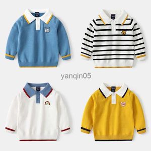 Pullover 2023 Autumn Winter Children Boys Sweater Cotton Kintted Boder Contrast Tops Striped Embroidery Cartoon Kids Boys Sweater HKD230719