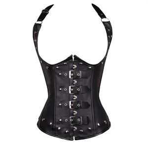 Black Women's Punk Style Spiral Steel Boned midjetränare Cincher Shaper Faux Leather Corset Underbust för festdräkter 825327T