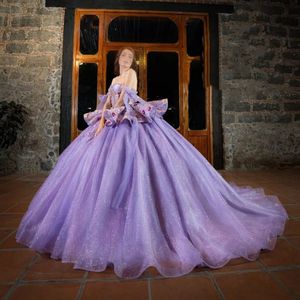 Luxuriöses, lavendelfarbenes, glänzendes Quinceanera-Kleid, Ballkleid, süßes 16-Mädchen-Perlenapplikationen, Pailletten, Puffärmel, Abschlussfeier, Prinzessin
