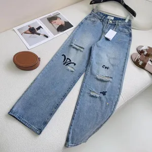 Designer Womens Jeans Ankomster High Waist Street Hollowed Out Patch broderad dekoration Casual Blue Straight Denim Pants B9