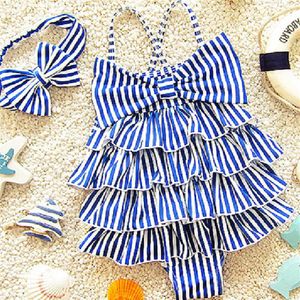 Children Swimsuits For Girls Baby Kids Beach One Piece Swimwear Navy Style Blue Striped Bathing Suit 2-9 Years Swimming Clothing195b