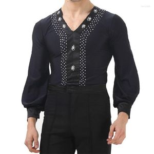 Scene Wear Men's Latin Dance Clothing Collar Diamond Blue Jacket Mänkläder Kostym Rygg Rumba Samba Dancing Sumpsuit B-4250