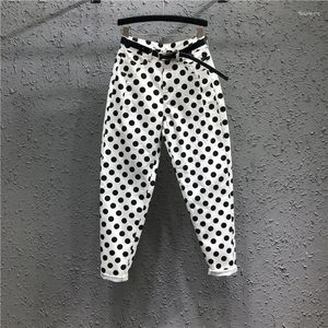 Kvinnors jeans polka dot stretch för kvinnor 2023 all-match sommar hög midja harem byxor lösa fotledslängd denim byxor vita
