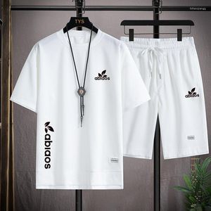 Herrspårar Summer Two Piece Set Printing Casual T-shirt och Shorts Set Mens Linen Fabric Tracksuit 2023 Fashion Short Sleeve Suit