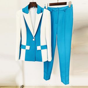 Women's Two Piece Pants Design Fine Details Texture Twill Fabric Lady Office Suit Formal Workwear 2Pcs Colorblock Blazer Solid Pencil