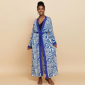 Women's Trench Coats Zebra Striped Print Kimono Rayon Women Luxury Belt Coat Royal Dubai Ankle Length Robe Summer Beach CoverUps Resortwear