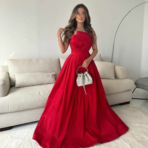 Classy Long Red Scalloped Evening Dresses With Pockets A-Line Sleeveless Satin Pleats Vestidos de noche Zipper Back Prom Dresses for Women