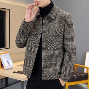 Jaqueta de mistura de lã masculina 2022 outono inverno clássico xadrez de mistura de lã jaqueta masculina moda coreana casual empresarial trench coat social streetwear sobretudo HKD230718