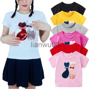 Tシャツ両面スパンコンフラッシュグリッターTshirts for Girls Speicins Tシャツ女の子漫画猫Tシャツ夏の10代の服x0719