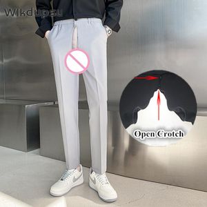 Erkek pantolon bahar yaz erkek streç iş seksi görünmez çift fermuarlar açık kasık açık seks kıyafetleri Kore erkek pantolon