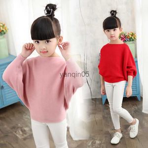 Pullover 2023 Autumn Dziecięce Ubrania Dziewczęta Knitte swetry Solidne cienkie swetry nietoperzy dla dziewcząt Big Kids Pullovers Sweater HKD230719