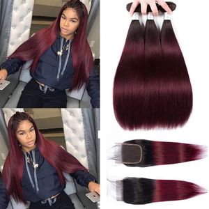 słoneczne 1b Burgundowe wino czerwone 99J Ombre Peruvian Hair Bundles z zamknięciem 1B 99J Burgundowe proste wiązki ludzkie włosy 3 wiązki z 294S