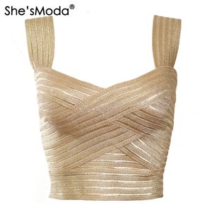 Camisoles Tanks She sModa Luxus Golden Bandage Slim Sleeve s Spandex Sommer Cropped Tops Weste Tank Party Bachelorette Plus Size 230719