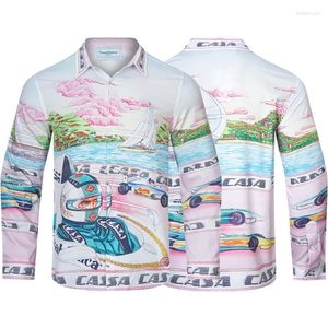 Men's Casual Shirts Long Sleeve Red Shirt Vintage Floral Printed Men Women Patchwork Hawaii Beach Silk