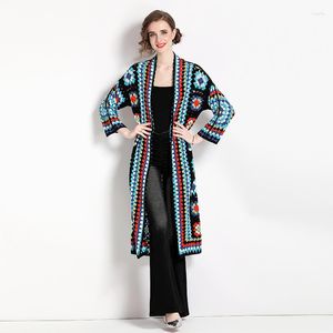 Gabardina Feminina SuperAen Bohemian Holiday Estilo Nacional Gancho Flor Retro Longo Capa Oca Casaco Cardigan