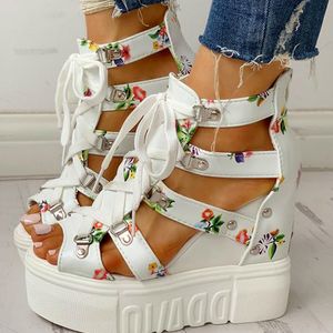 Женские клинья печатные платья Lement Summer Women Sandals Платформа шнурки на высоких каблуках повседневная обувь женщина сандал шнур