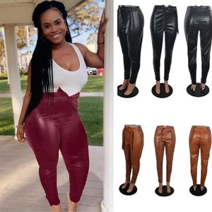 Women PU Leather Tight Leggings Pants S-4XL PLus Size Solid Fashion DesignHigh Waist Pencil Pants Casual Party Bottom Front Belt B2663