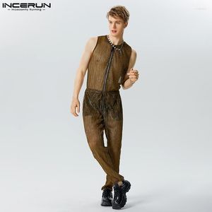 Men's Pants 2023 Men Jumpsuits Mesh Patchwork Transparent O-neck Sleeveless Streetwear Rompers Fitness Sexy Fashion Overalls S-5XL INCERUN