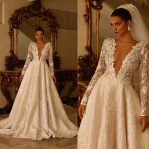 Glamorous vestidos de noiva linha A com decote em V mangas compridas aplicações de renda pérolas rendas costas sem costas vestido de corte zíper feito sob medida vestido de noiva plus size vestidos de novia