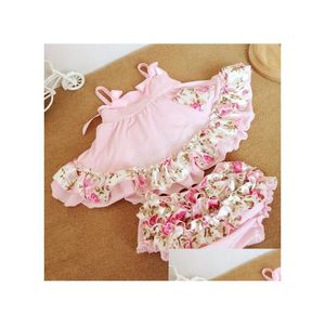 Conjuntos de roupas infantil bebê meninas 2 pçs babados florais tops shorts bloomers crianças meninas roupas de bolinhas roupas infantis rosa vermelho 1271 dhehu
