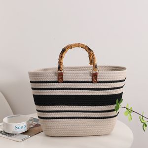 Outras Bolsas de Algodão Tecida com Fio de Bambu Alça de Bambu Bolsas Femininas Listradas de Verão Bolsas de Praia para Mulheres Bolsa Boêmia de Palha Boho Clutch 230719