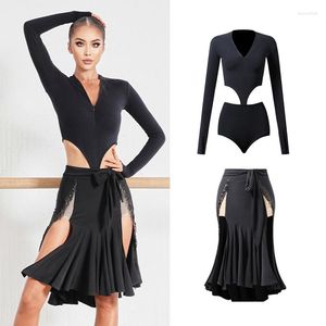 Stage Wear 2023 Latin Dance Costume Women Black Tops Fringe Skirt Practice Dress Samba Rumba Ballroom Competition Clothing DNV15734