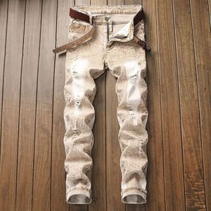 Men Casual Jeans Bleached Denim Pants Ripped Knee Holes Distressed Fasional Slim Trousers Plus Size 40 42290F