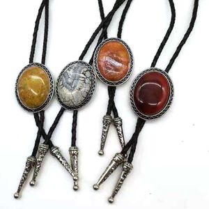 Bolo Ties Oval agate natural stone BOLO tie men's new high-end wedding accessories Leather rope HKD230719