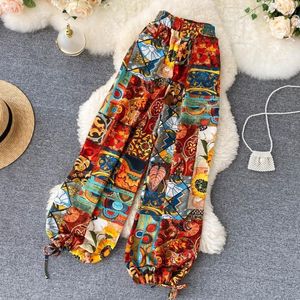 Kvinnor S Pants S Summer Bohemian Bloomer High midja Wide Ben Retro Printing Baggy Beach Vacation Thin Plus Size Clothing 230719