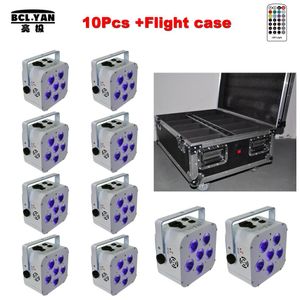 10 pcs 1 fly case lote 6x18W alimentado por bateria de lítio sem fio dmx luzes led lavar uplights RGBAW UV245G