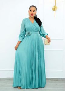 Casual klänningar Hög midja Solid Long Dress Dashiki African Women V Neck Lantern Sleeve Pleated Sharcing Loose Summer 2023