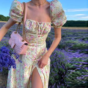 Kvinnor blommor puffhylsa midi klänning sommar söt vintage snörning upp fyrkantig krage a-line klänning elegant hög delad blommig klänning