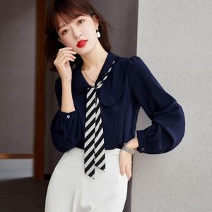 Camicette da donna Top in chiffon a maniche lunghe da donna con risvolto vintage coreano di alta qualità
