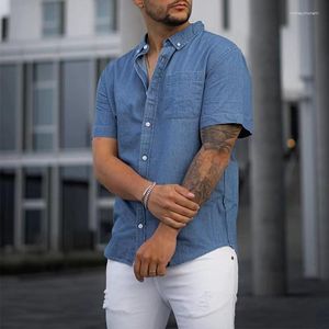 Męskie koszule Summer Men Men Dżinsowa koszula Solidny kolor Camisa Męculina krótkie rękaw Lose klamra bawełniana ponadwymiarowy mężczyzna