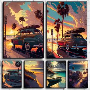 Neon Wanderlust Poster Car Travel Canvas Painting Estética Summer Vacation Seaside Dusk Landscape Posters Wall Art Home Office Room Living Room Decor 06