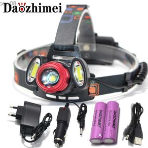 Headlamps 8000 lumen D Headlamp Headlight T6+2COB Rechargeab Zoom hunting Lamp Torch light +2x18650 Battery +AC Car USB Charger HKD230719